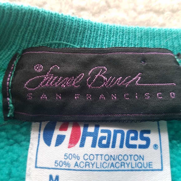 Vintage 90s Hanes Teal Crewneck Art Sweater Medium - Picture 6 of 7